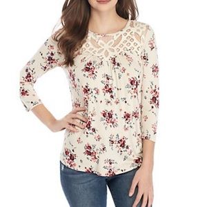 Jolt crotchet neck floral knit top shirt NWT